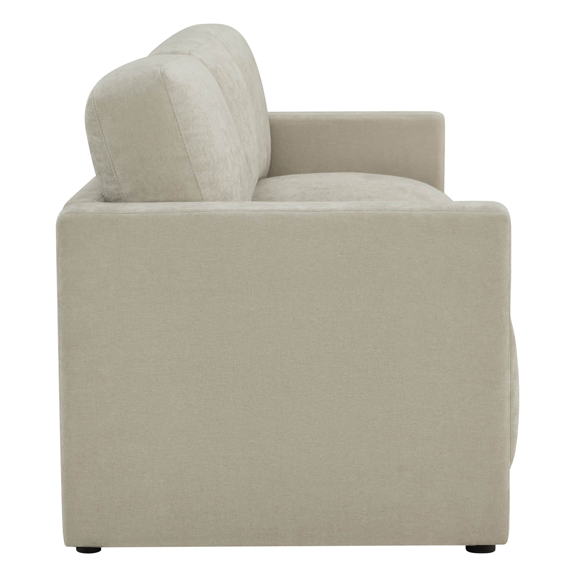 Side view of a modern beige sofa.