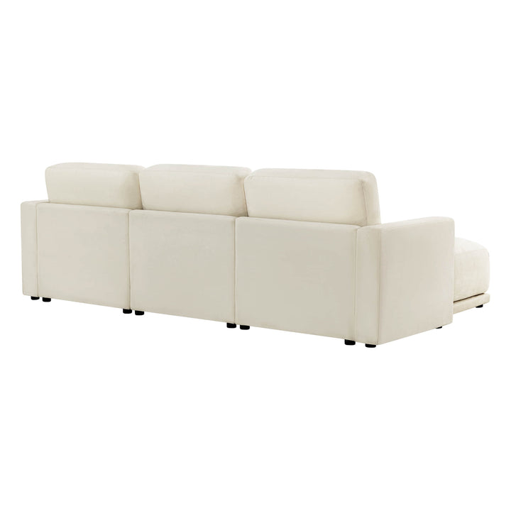 Rear view of modular chaise sectional, light cream fabric