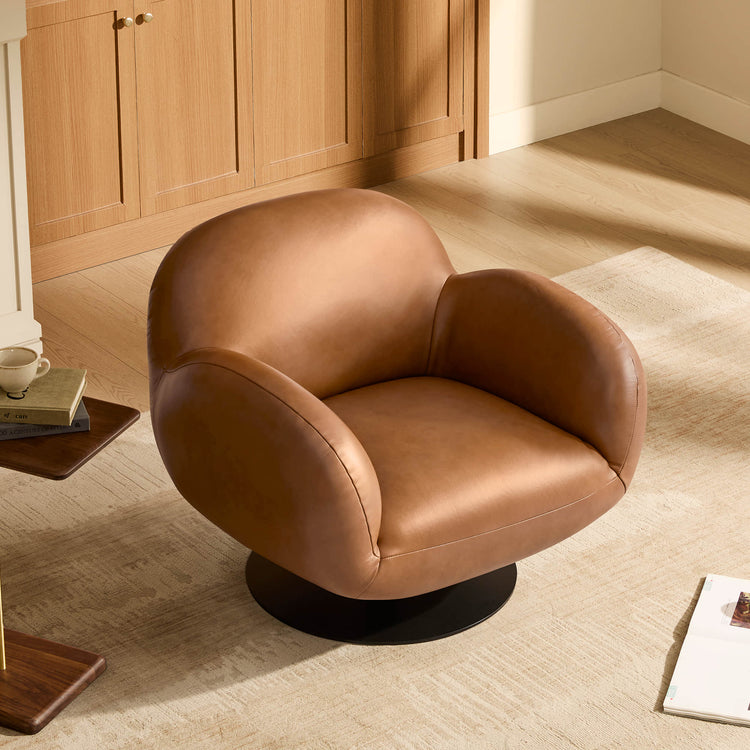 Cloud Puffy Genuine Leather Swivel Accent Chair