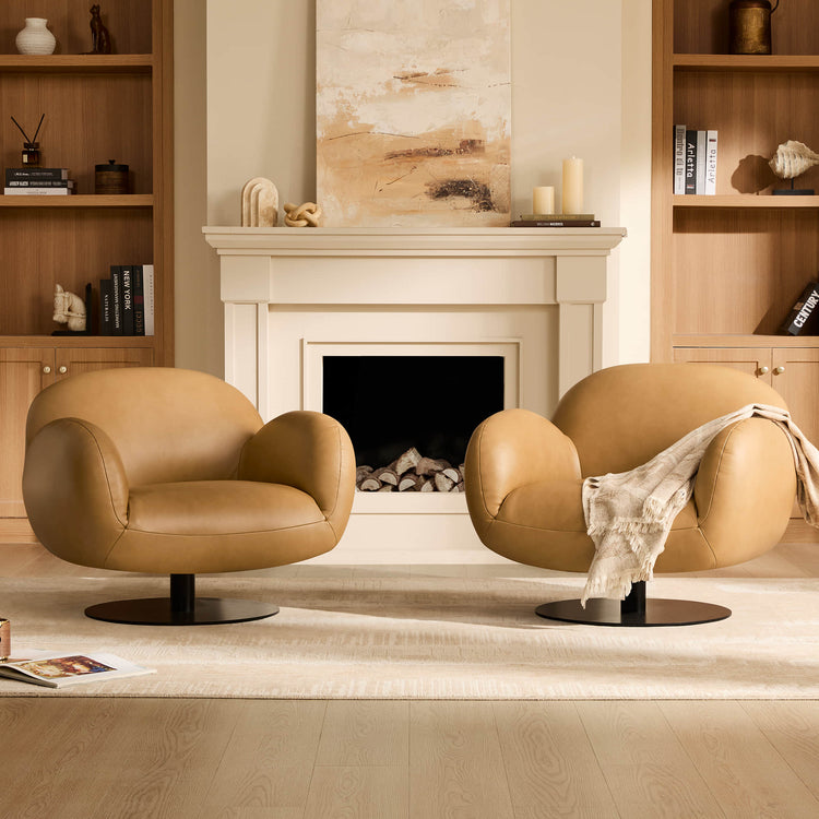 Cloud Puffy Genuine Leather Swivel Accent Chair
