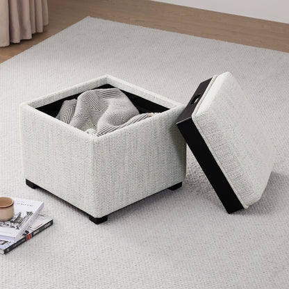 Cube storage ottoman in light fabric with blanket, perfect for stylish living rooms - CHITA Living