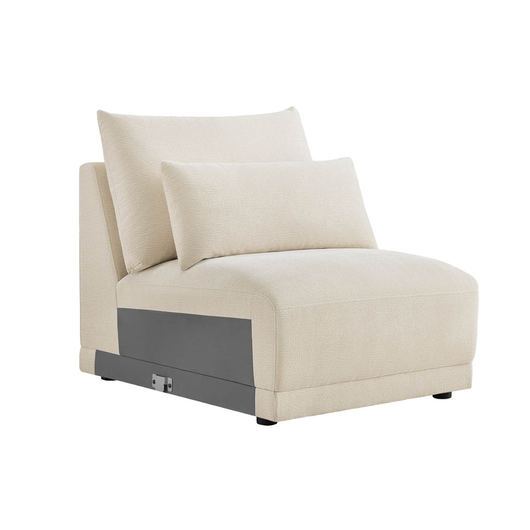 Beige Daisy armless chair with textured chenille fabric and lumbar pillow, featuring a dark grey base.