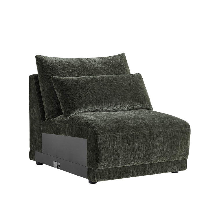 Daisy Armless Chair in Forest Green chenille fabric with plush cushions and lumbar pillow