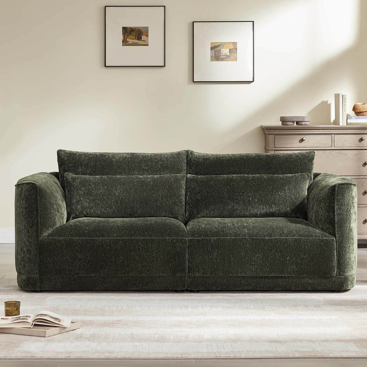 Daisy 2-seat modular curved chenille sofa in forest green with down-filled cushions.