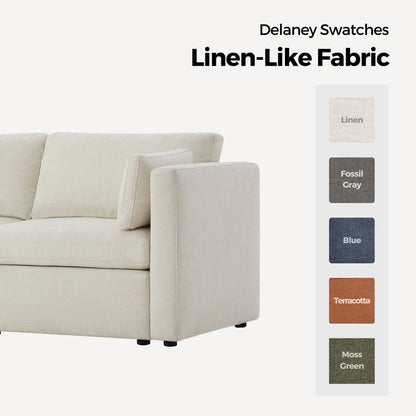 Delaney sofa in linen-like fabric with color swatches: Linen, Fossil Gray, Blue, Terracotta, Moss Green - CHITA Living