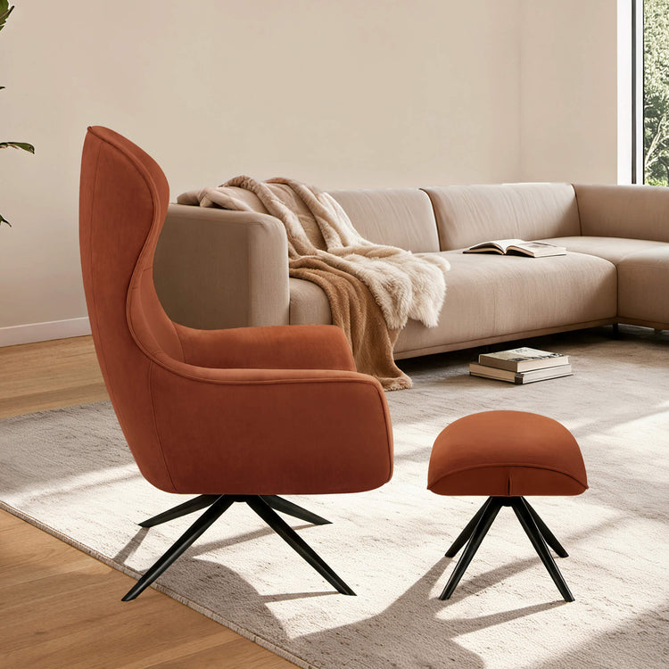 Dennis Wingback Reclining Chair & Ottoman, rust-orange short-pile fabric, swivel.