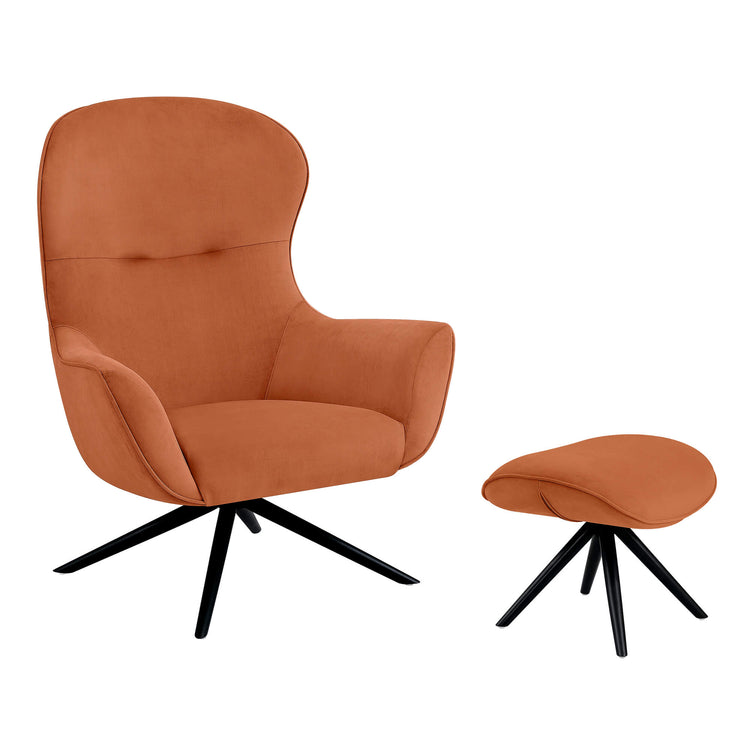 Dennis Wingback Reclining Chair & Ottoman, rust-orange swivel, short-pile fabric.