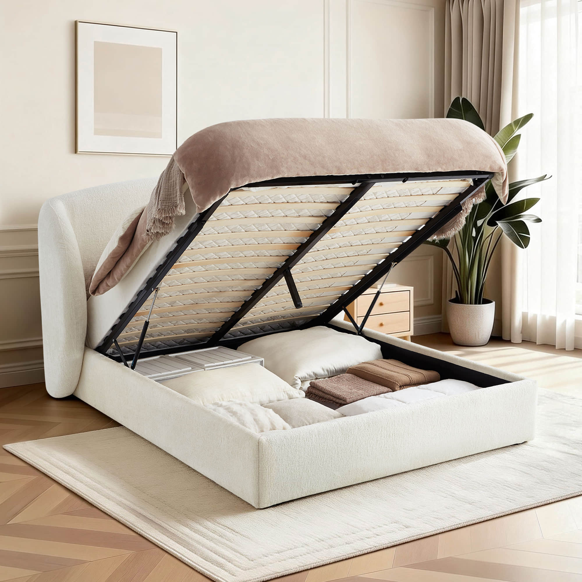 Evie Wingback Upholstered Storage Platform Bed