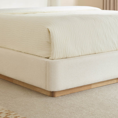 Ron Modern Boucle Upholstered Platform Bed with Solid Wood Base -Queen Size