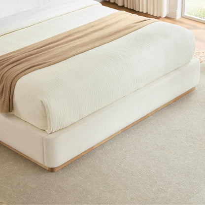 Ron Modern Boucle Upholstered Platform Bed with Solid Wood Base -Queen Size