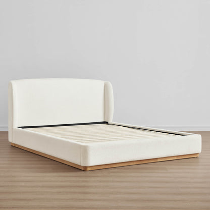 Ron Modern Boucle Upholstered Platform Bed with Solid Wood Base -Queen Size
