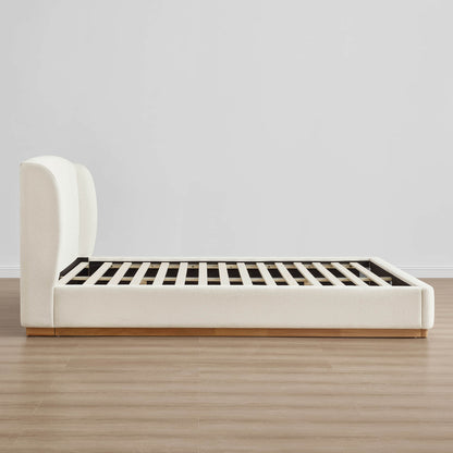 Ron Modern Boucle Upholstered Platform Bed with Solid Wood Base -Queen Size