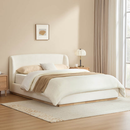 Ron Modern Boucle Upholstered Platform Bed with Solid Wood Base -Queen Size