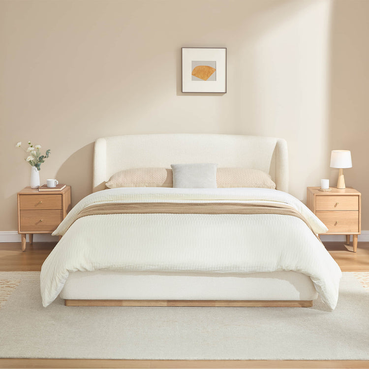Ron Modern Boucle Upholstered Platform Bed with Solid Wood Base -Queen Size