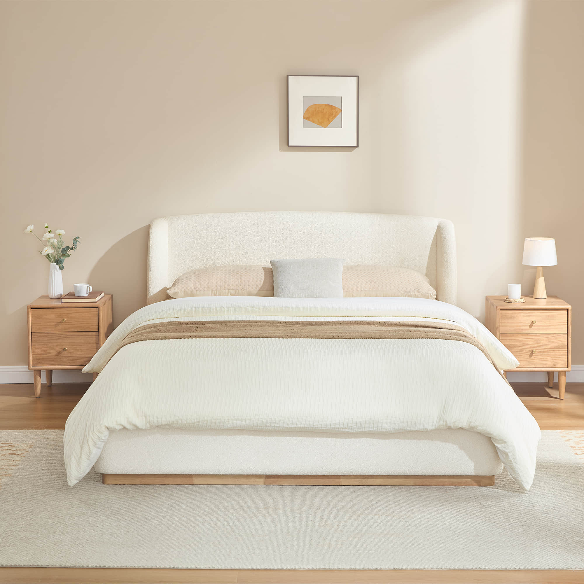 Ron Modern Boucle Upholstered Platform Bed with Solid Wood Base -Queen Size