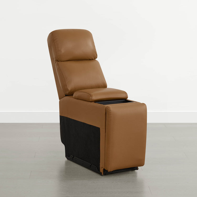 Grady Power Multi-Function Storage Console in saddle brown leather, featuring adjustable headrest and storage compartment.