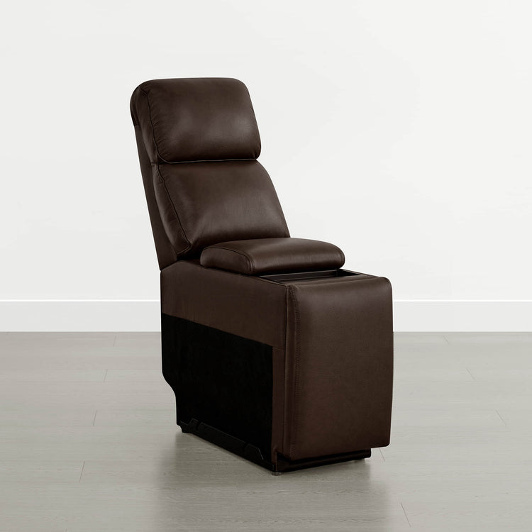 Grady brown leather recliner with adjustable headrest and console storage for living room furniture.