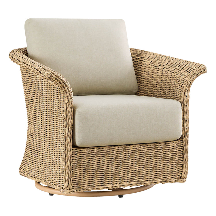 Haven wicker woven outdoor swivel chair with beige cushions and swivel base