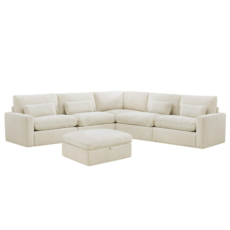 Ivy 6-seat beige performance fabric modular sectional sofa with storage ottoman