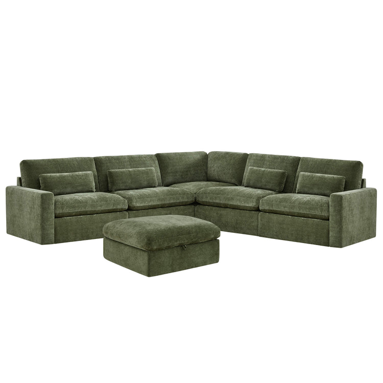 Green 6-seat modular performance fabric sectional sofa with storage ottoman, featuring plush cushions and a modern design.