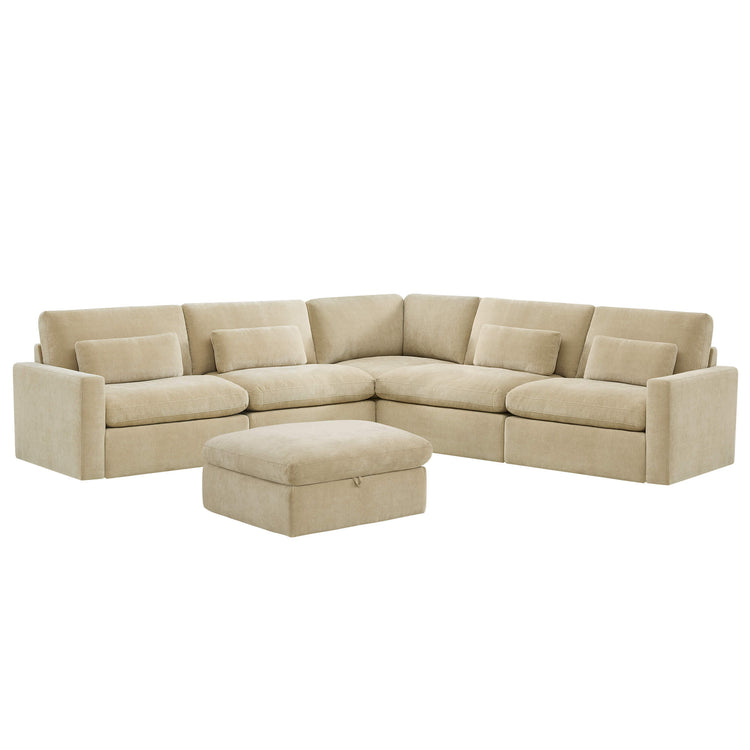 Ivy 6-seat beige performance fabric modular sectional sofa with storage ottoman