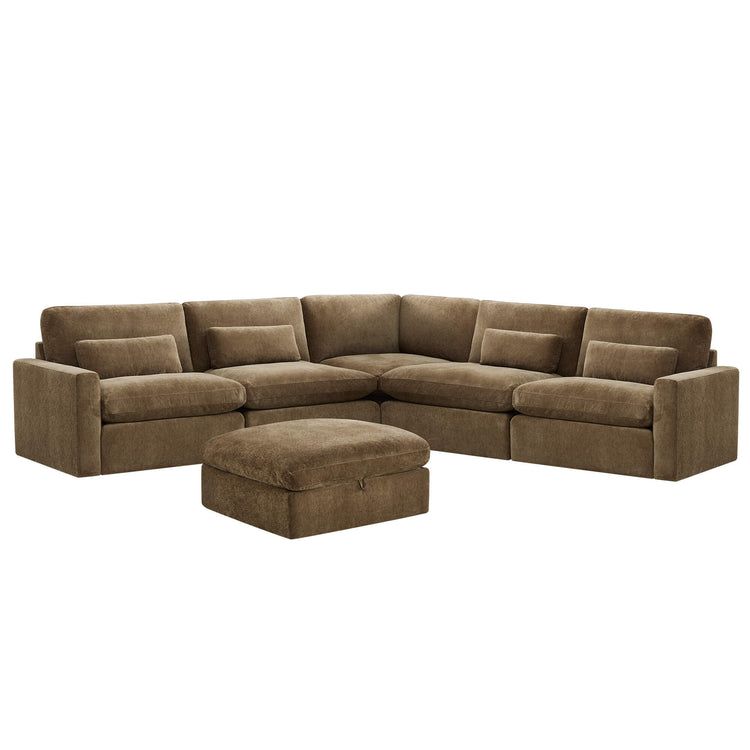 Brown performance fabric 6-seat modular sectional sofa with storage ottoman