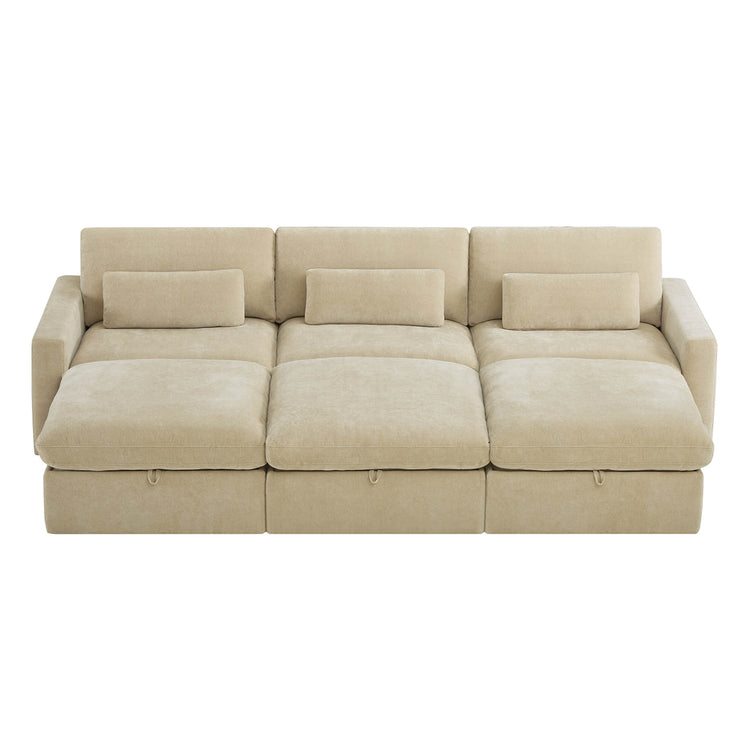 Beige performance fabric 6-seat modular sectional sofa with storage ottoman