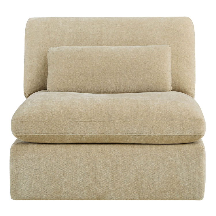 Ivy modular armless chair/sofa in beige performance fabric with plush cushions and lumbar pillow.