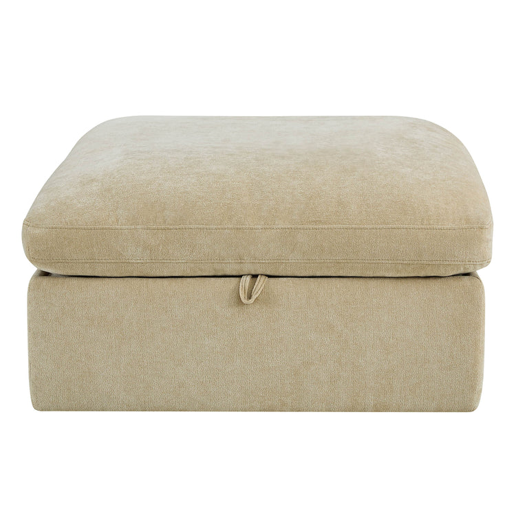 Beige performance fabric modular storage ottoman with a tufted lift-top lid and rope pull.