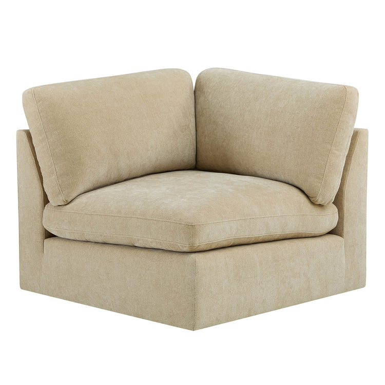 Ivy Modular Performance Fabric Corner Module in beige with plush, deep seat and back cushions.