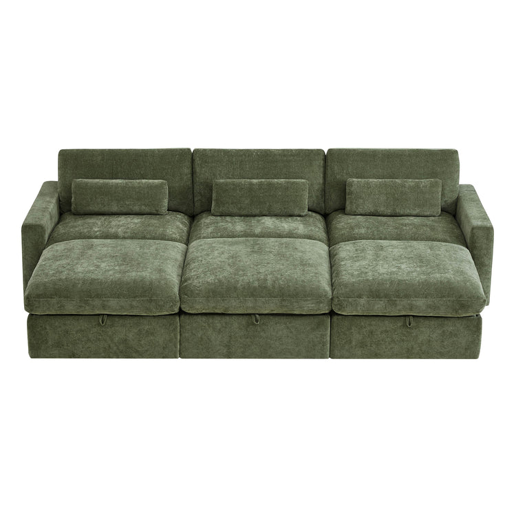 Green Ivy 6-seat performance fabric modular sectional sofa with storage ottomans, pit configuration, textured upholstery
