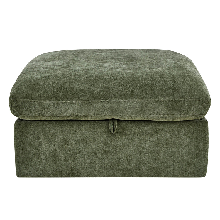 Green Ivy modular performance fabric ottoman with storage. Textured upholstery, lift-top lid for storage.