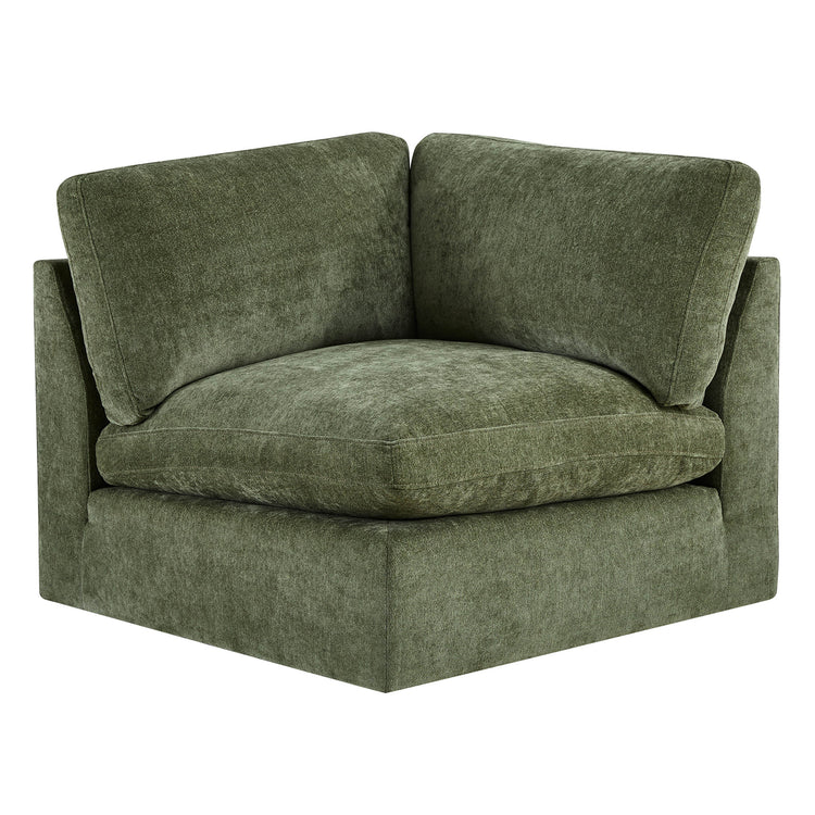 Moss green chenille modular corner sofa module with plush cushions for ultimate comfort.