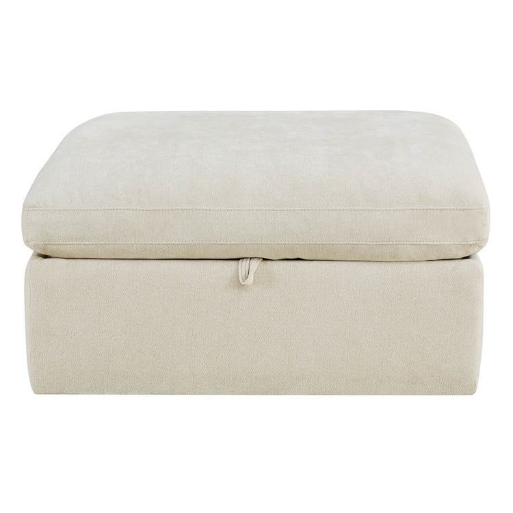 Beige performance fabric modular ottoman with hidden storage and pull tab