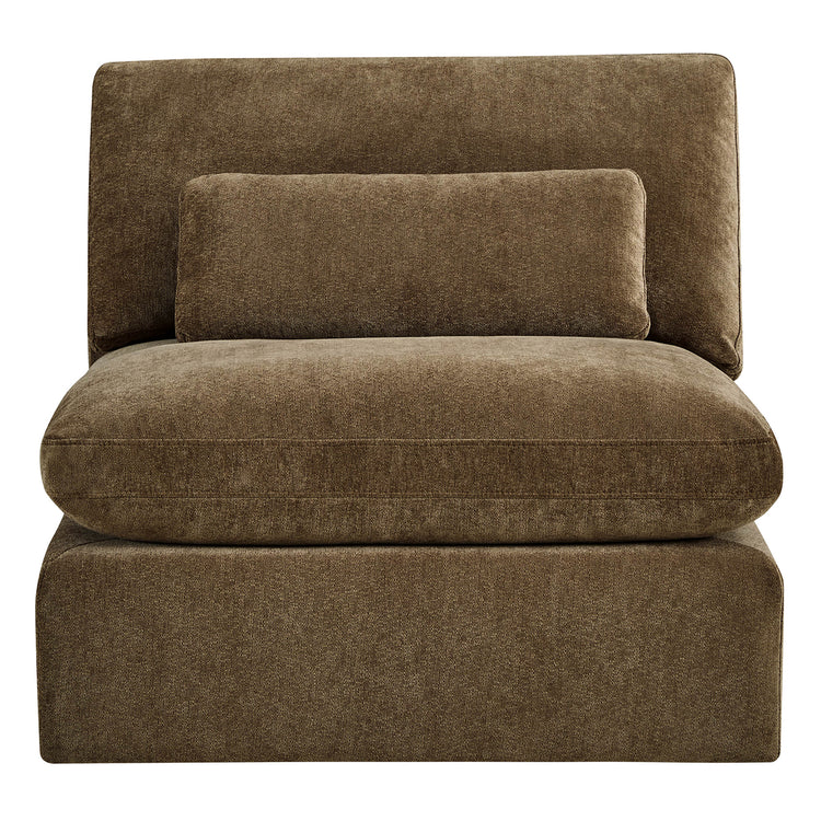 Teddy brown Ivy modular armless sofa with plush cushions and lumbar pillow.
