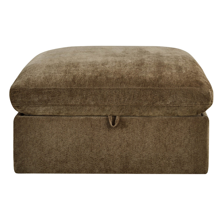 Teddy brown performance fabric modular ottoman with storage. Plush top cushion and pull-tab access.