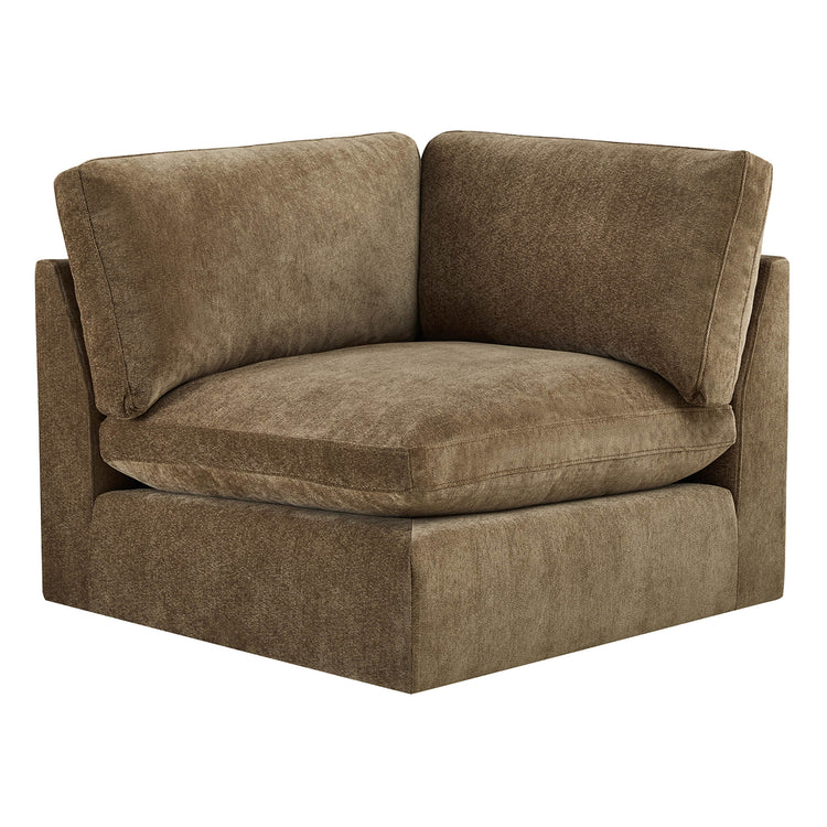 Brown chenille performance fabric corner sofa module with plush cushions. Modern modular design.