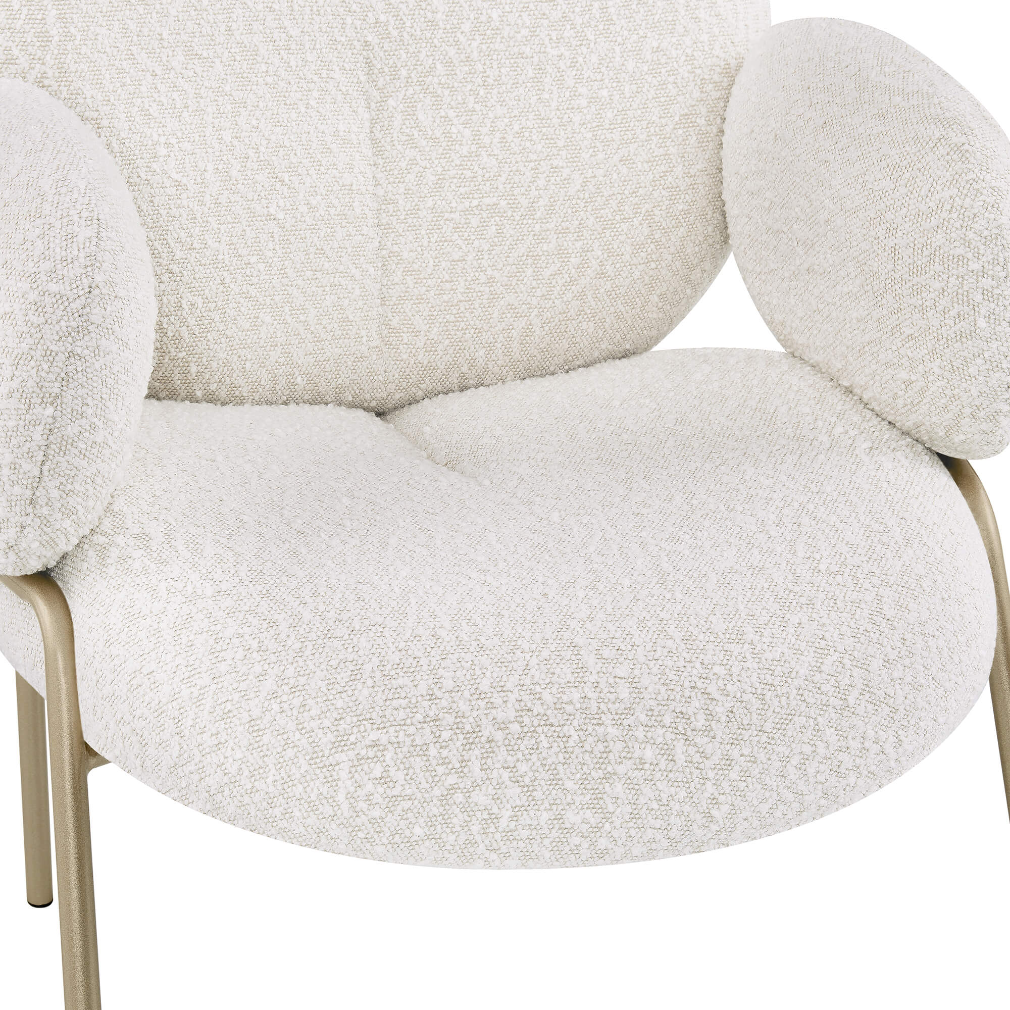 Cream teddy boucle Janet dining chair seat and armrest, soft cloud-like shape, gold legs.