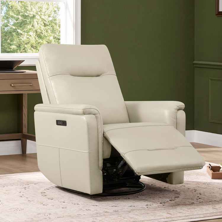 Cream leather Jaxon swivel glider power recliner, semi-reclined with extended footrest, power headrest, USB/Type-C ports.