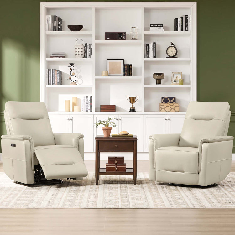 Two cream leather Jaxon swivel glider power recliners with power headrests in a living room setting.