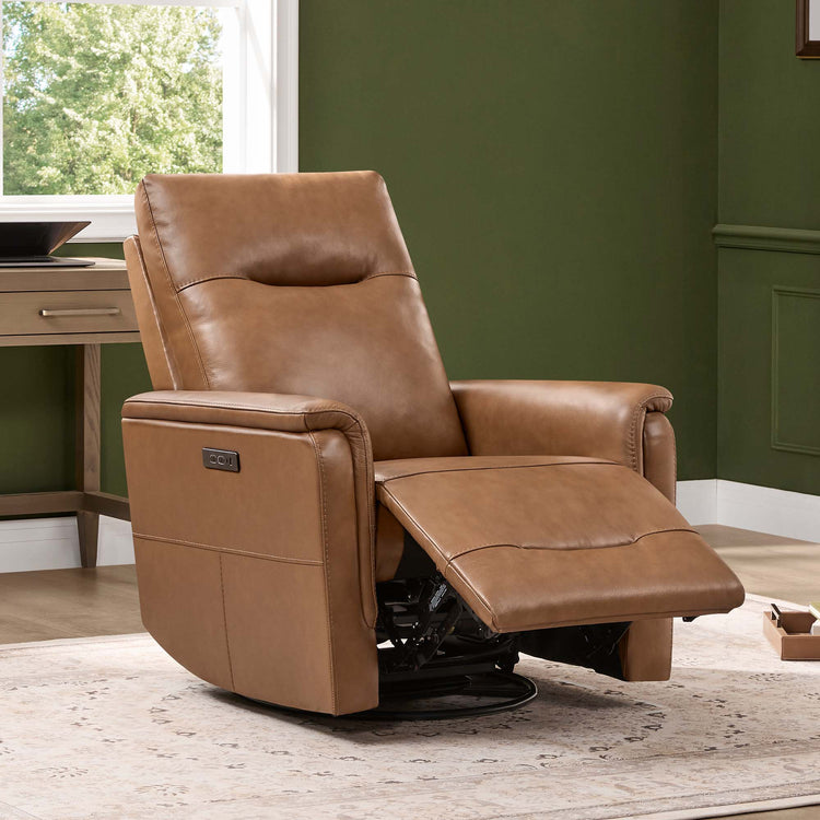 Warm brown leather Jaxon swivel glider power recliner with USB port and adjustable headrest in a living room.
