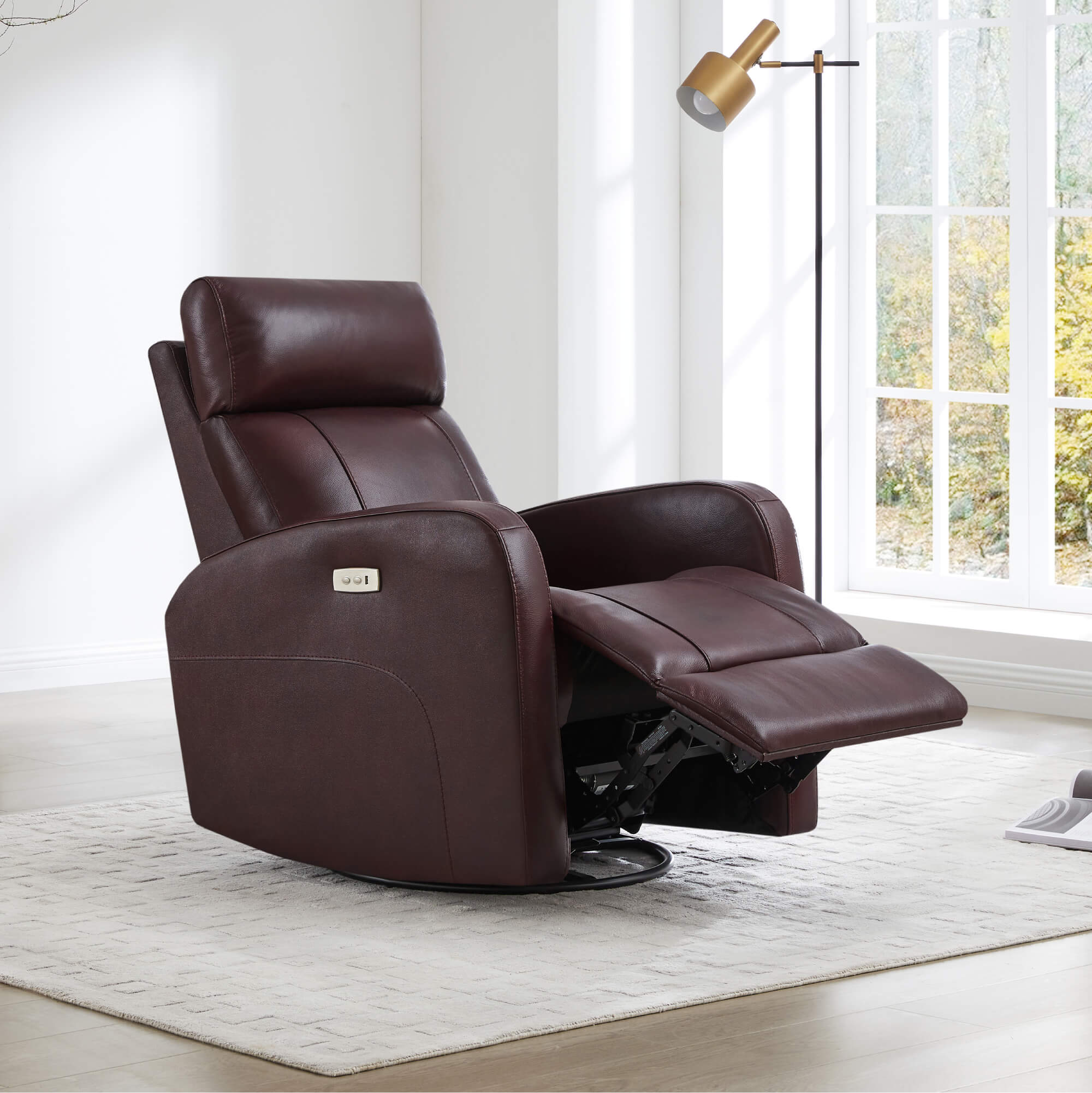 CHITA LIVING-Joy Power Swivel Recliner with Manual Headrest-Recliners-Genuine Leather-Saddle Brown-