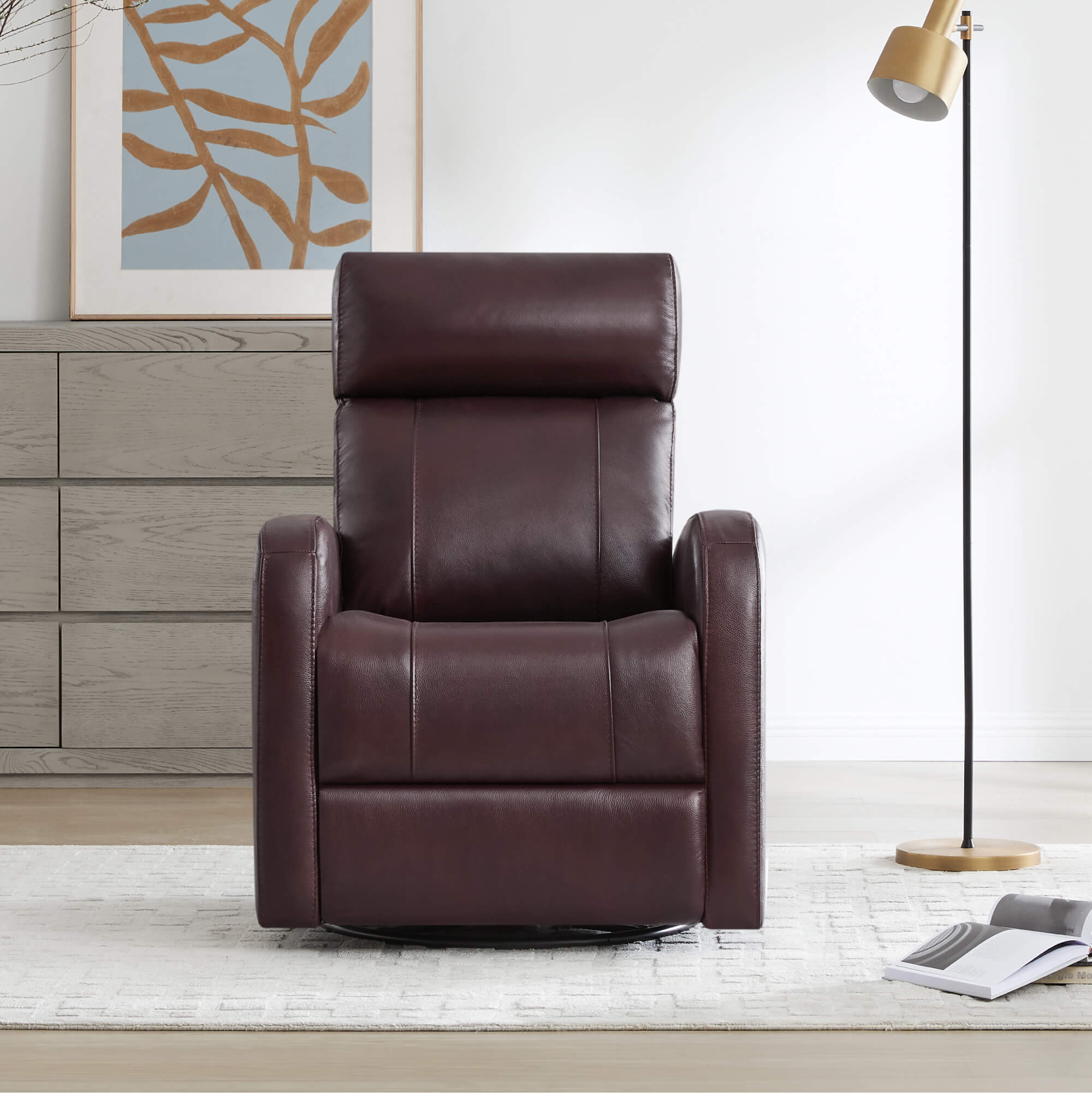 CHITA LIVING-Joy Power Swivel Recliner with Manual Headrest-Recliners-Genuine Leather-Saddle Brown-