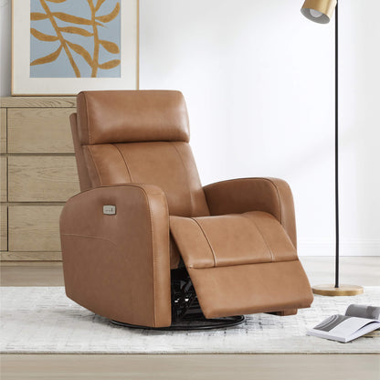 CHITA LIVING-Joy Power Swivel Recliner with Manual Headrest-Recliners-Genuine Leather-Saddle Brown-