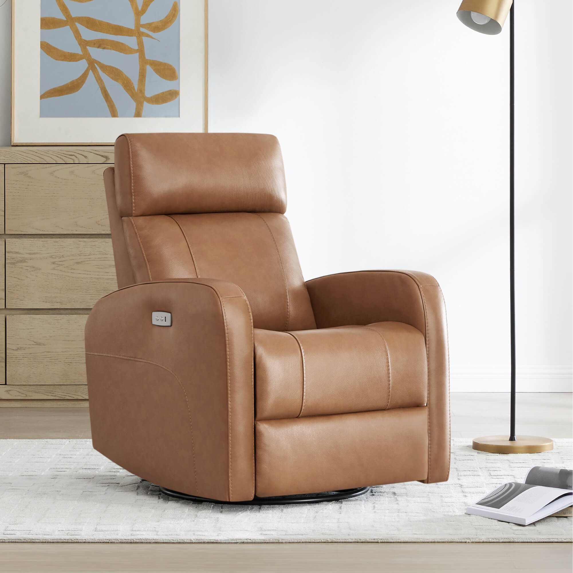 CHITA LIVING-Joy Power Swivel Recliner with Manual Headrest-Recliners-Genuine Leather-Saddle Brown-