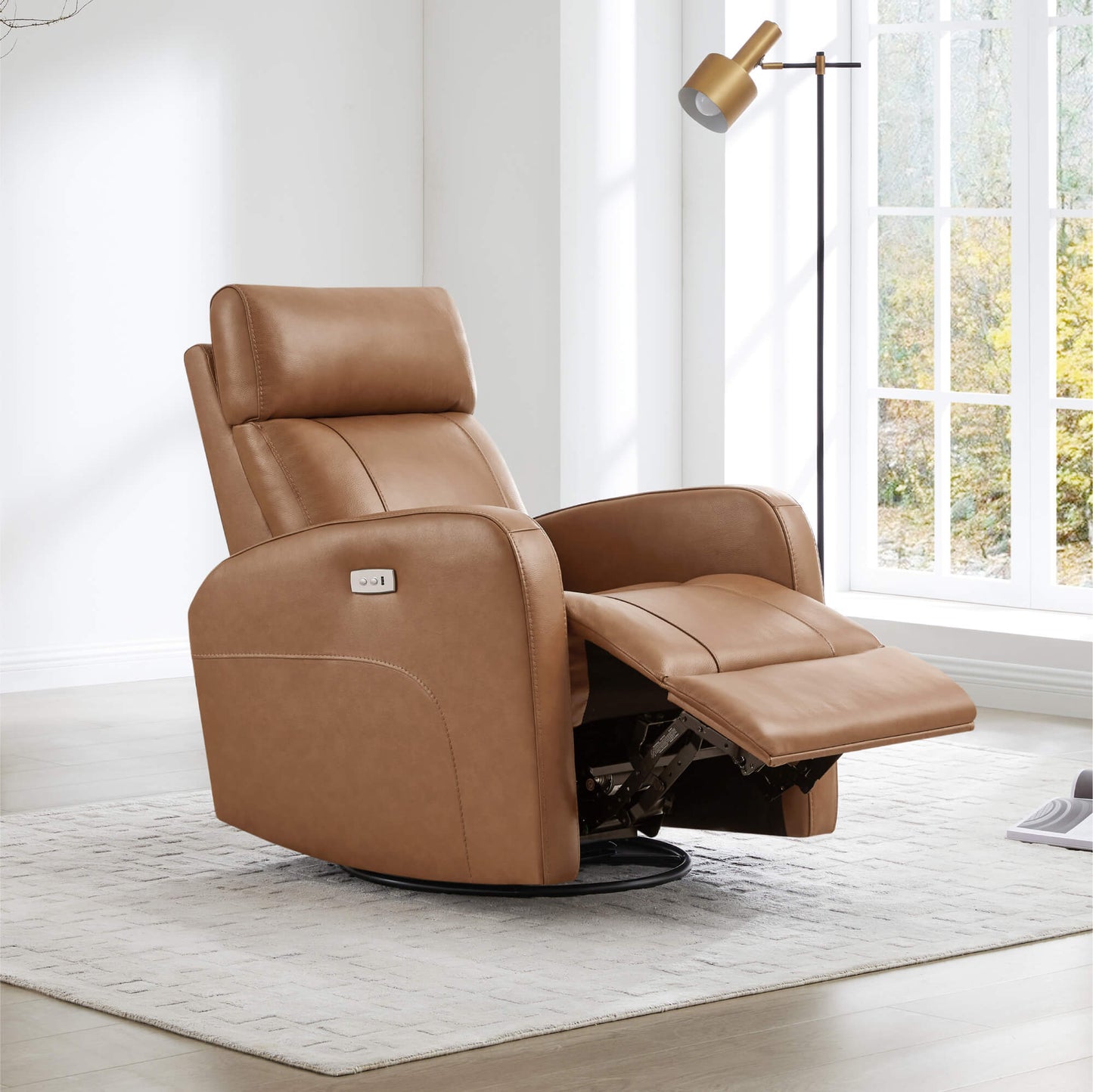 CHITA LIVING-Joy Power Swivel Recliner with Manual Headrest-Recliners-Genuine Leather-Saddle Brown-