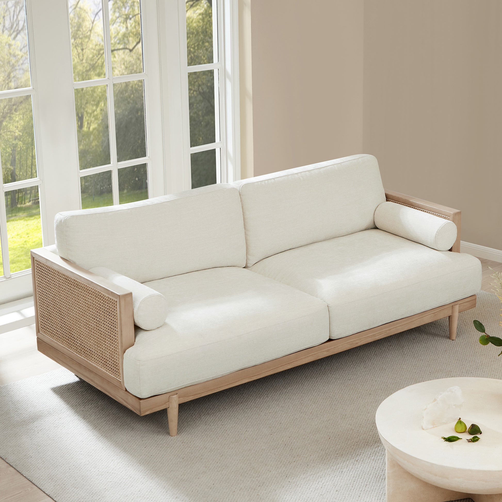 CHITA LIVING-Julane Modern 3-Seater Cane Sofa (78.75'')-Sofas-Linen Fabric with Cane--