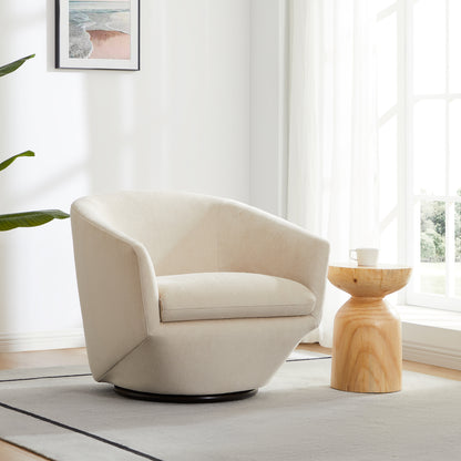 Aria Swivel Arm Accent Chair in cream next to a wooden side table with a cup - CHITA Living