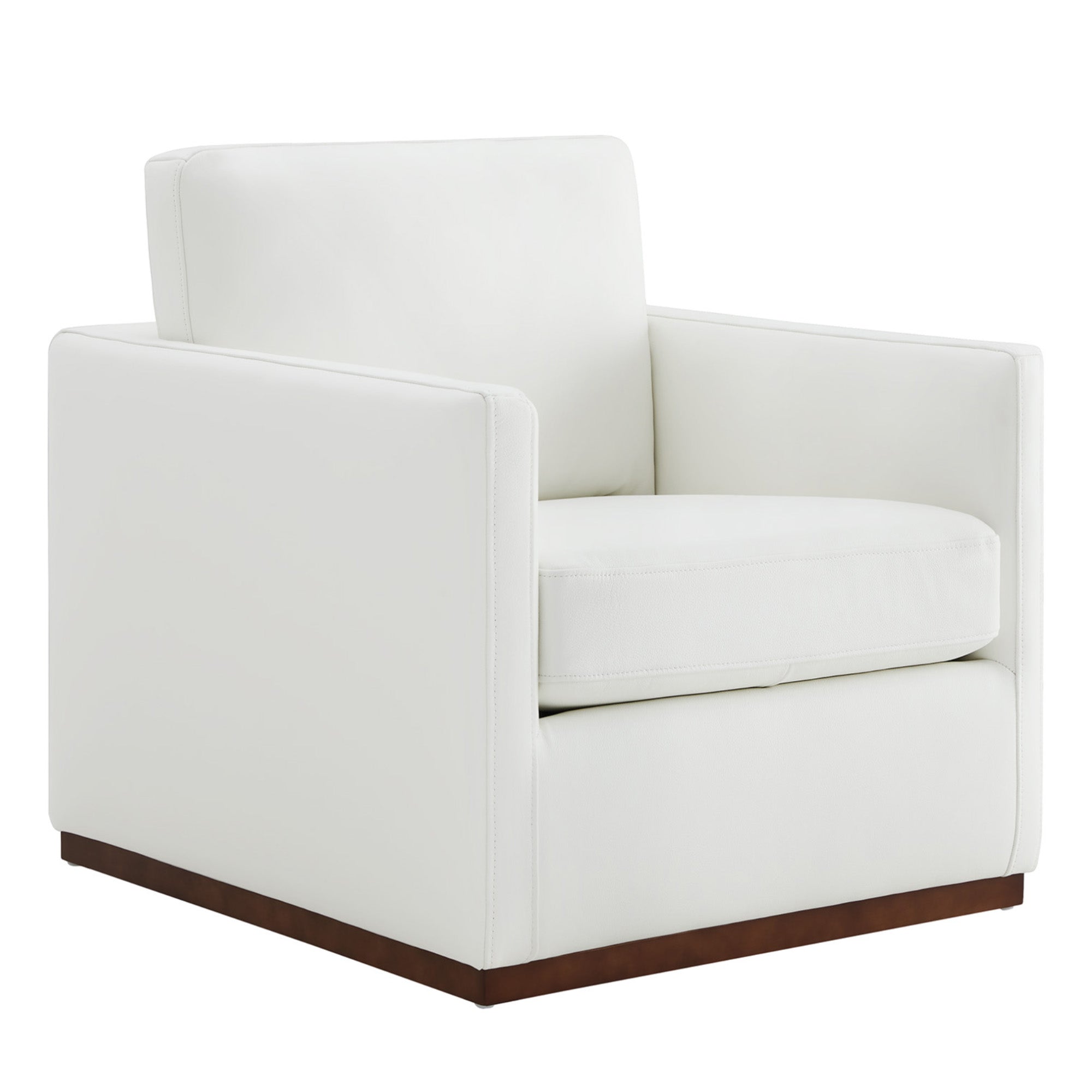 Stylish white swivel accent chair with wooden base and plush seat cushion - CHITA Living