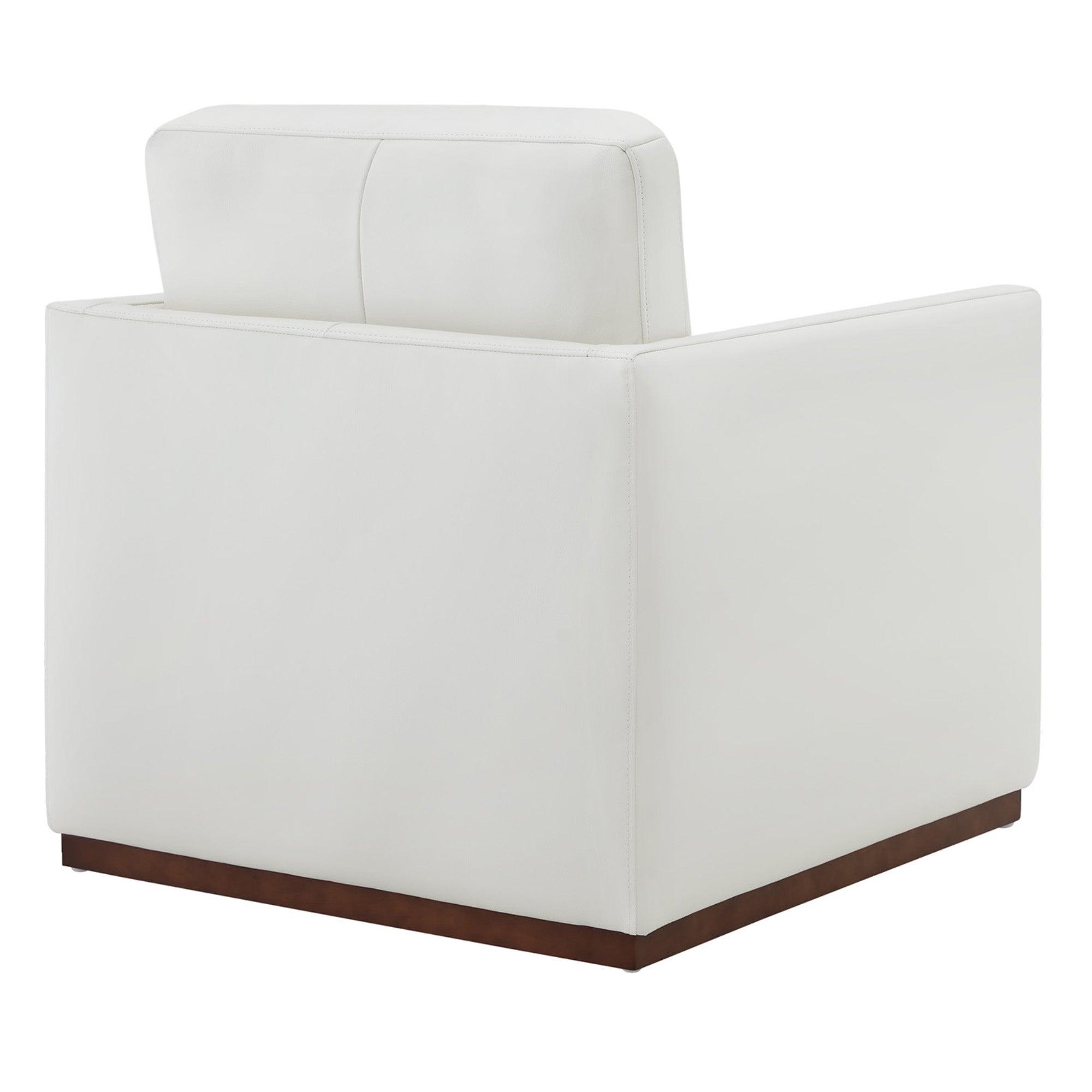 Rear view of white Henry Modern Swivel Accent Chair with sleek wooden base - CHITA Living